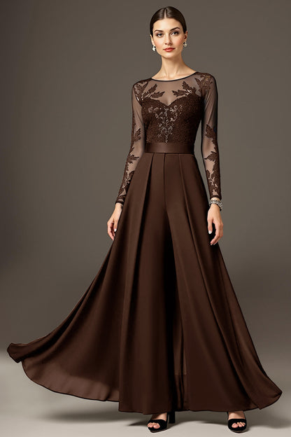 Black A Line Chiffon Long Mother of the Bride Jumpsuits with Lace