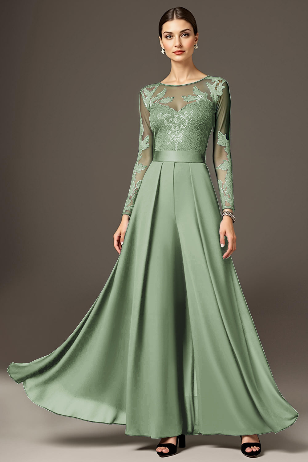 Black A Line Chiffon Long Mother of the Bride Jumpsuits with Lace