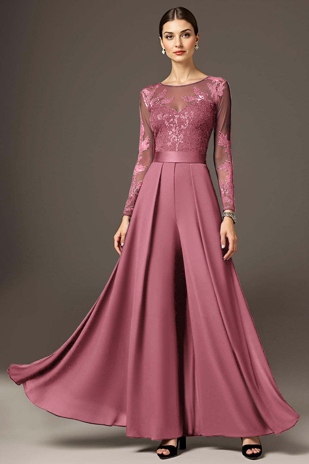 Black A Line Chiffon Long Mother of the Bride Jumpsuits with Lace