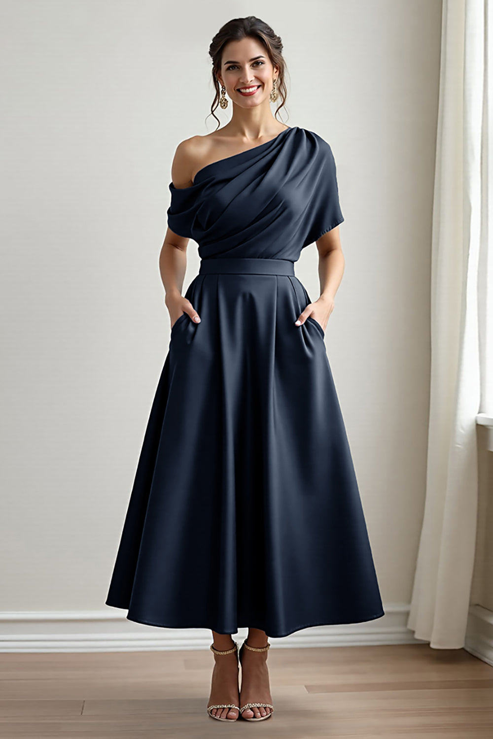 Black A Line Long Satin Mother of the Bride Dress with Pockets