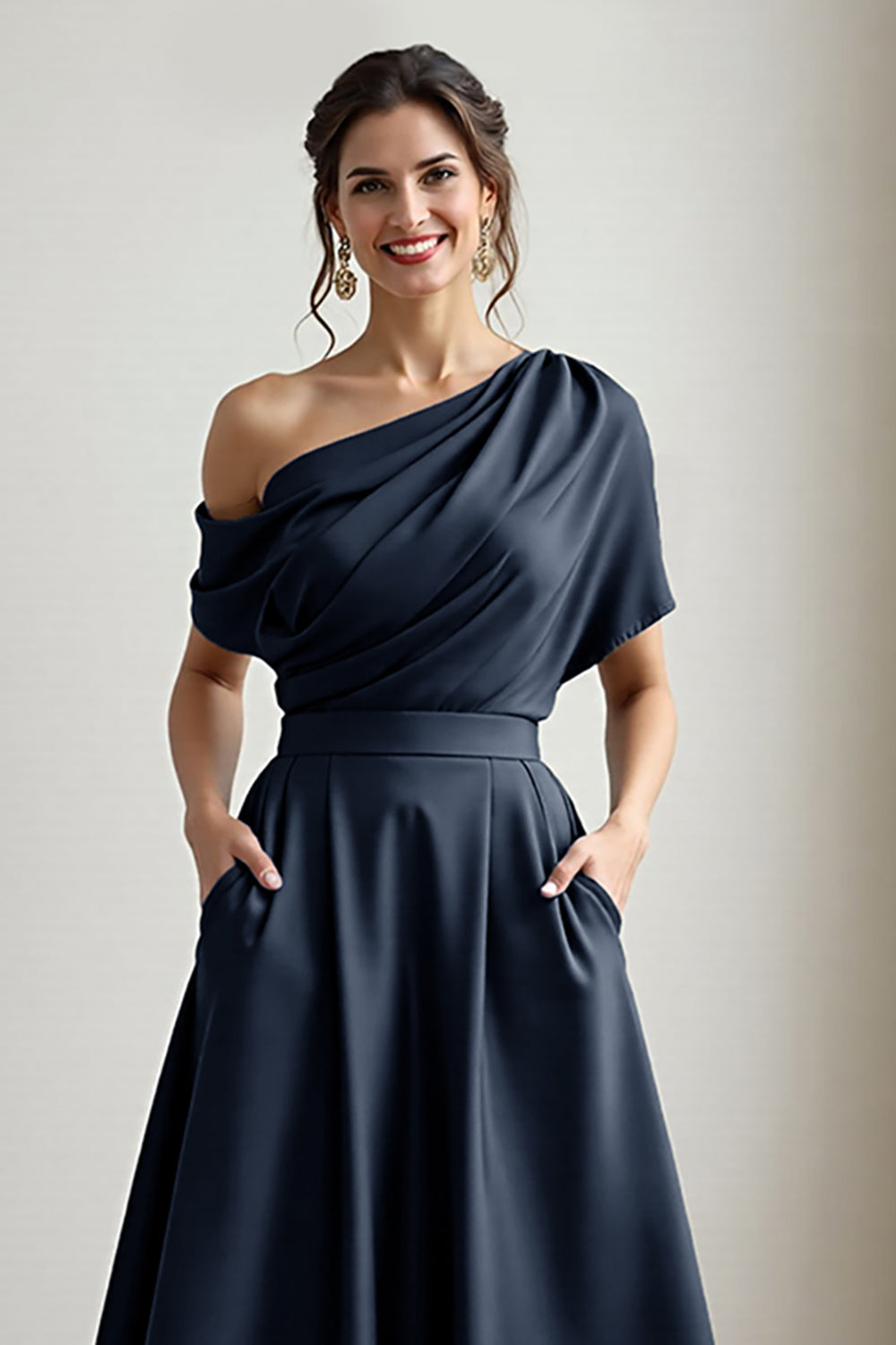 Black A Line Long Satin Mother of the Bride Dress with Pockets