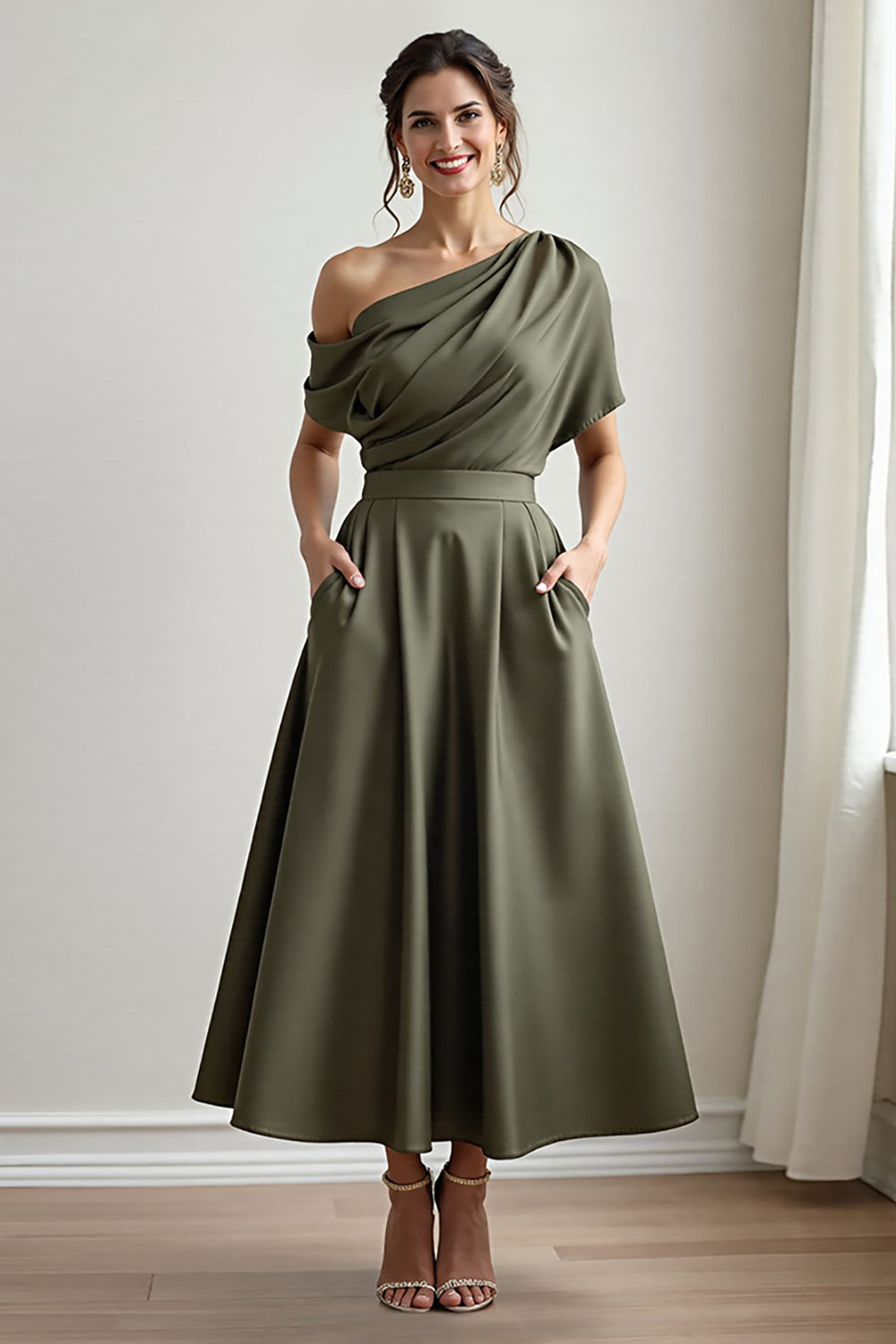 Black A Line Long Satin Mother of the Bride Dress with Pockets