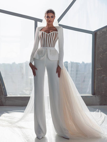 Wonderful Pad Shoulder Long Sleeve Pearl Chain Slim White Mesh Jumpsuit