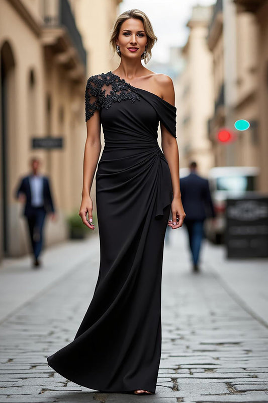 Black One Shoulder Sheath Long Mother of the Bride Dress with Appliques