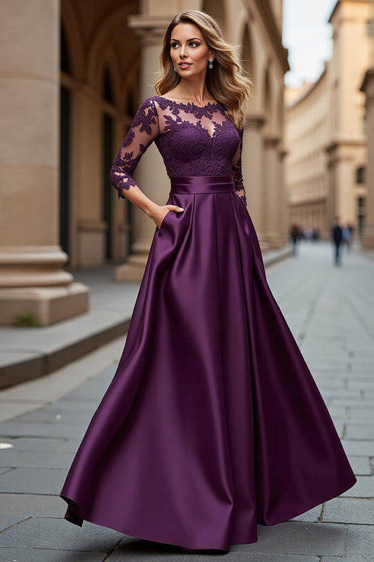 Grape Satin Illusion Boat Neck Long Mother of the Bride Dress with Lace