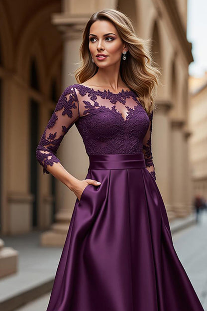 Grape Satin Illusion Boat Neck Long Mother of the Bride Dress with Lace