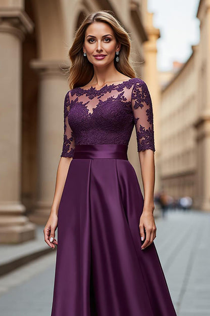 Grape Satin Illusion Boat Neck Long Mother of the Bride Dress with Lace