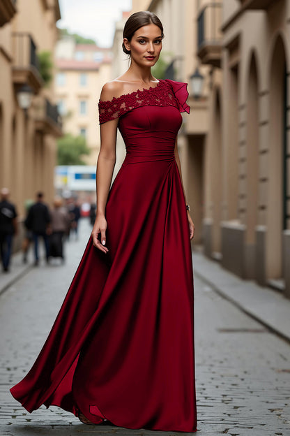 Burgundy A-Line Asymmetrical Neck Long Mother Of Bride Dress with Appliques
