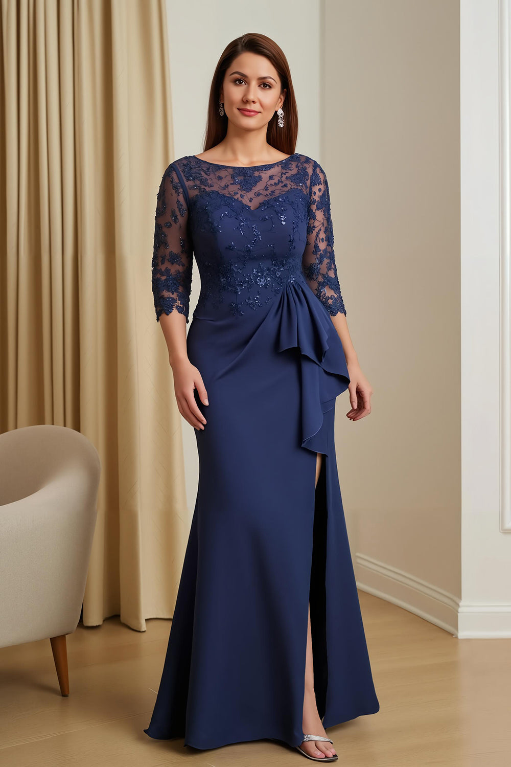 Navy Mermaid Satin Illusion Boat Neck Long Mother of the Bride Dress with Slit