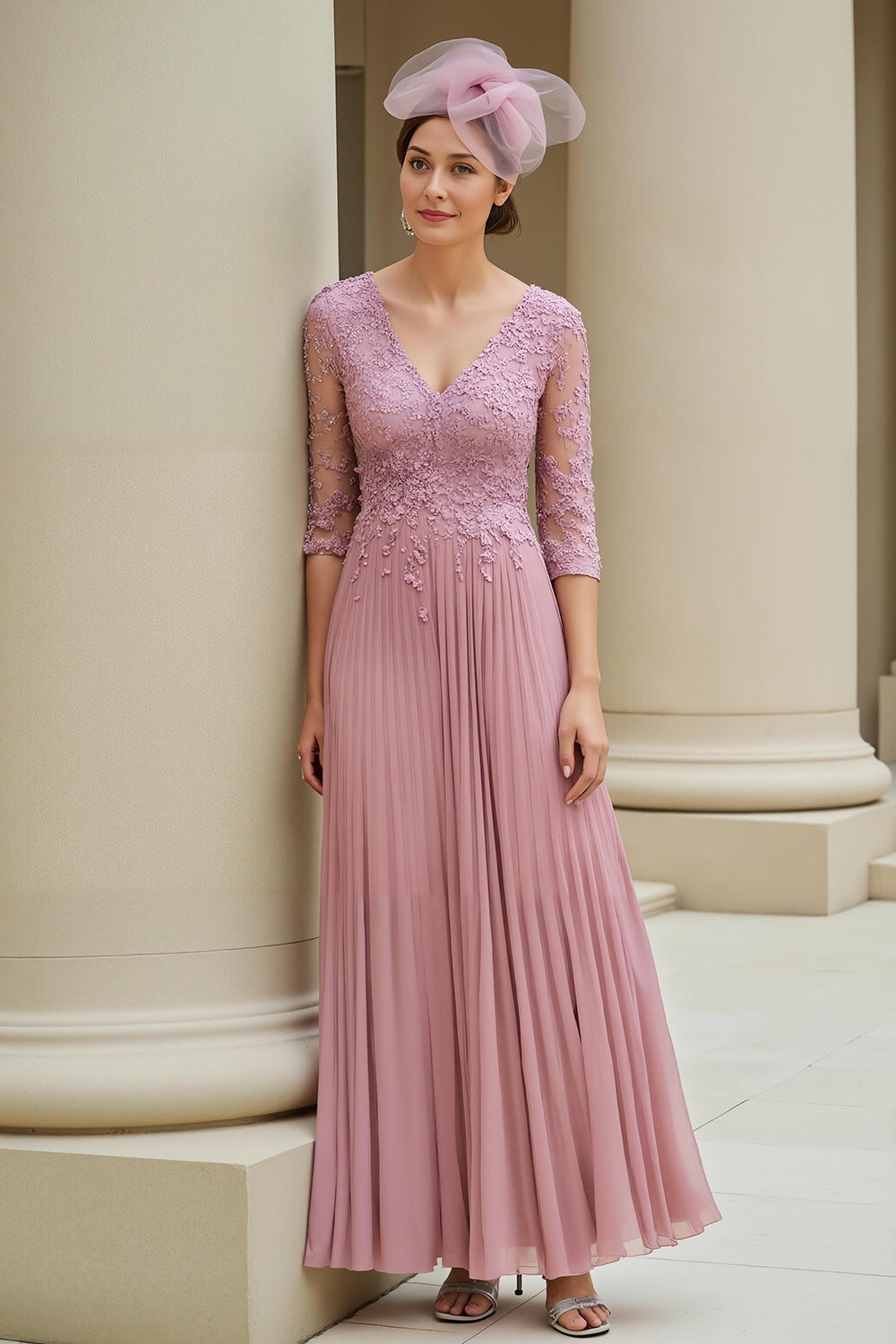 Dusty Rose A Line Appliqued V-Neck Long Mother of the Bride Dress with Sleeves