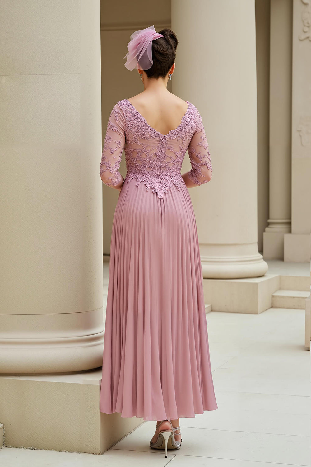 Dusty Rose A Line Appliqued V-Neck Long Mother of the Bride Dress with Sleeves