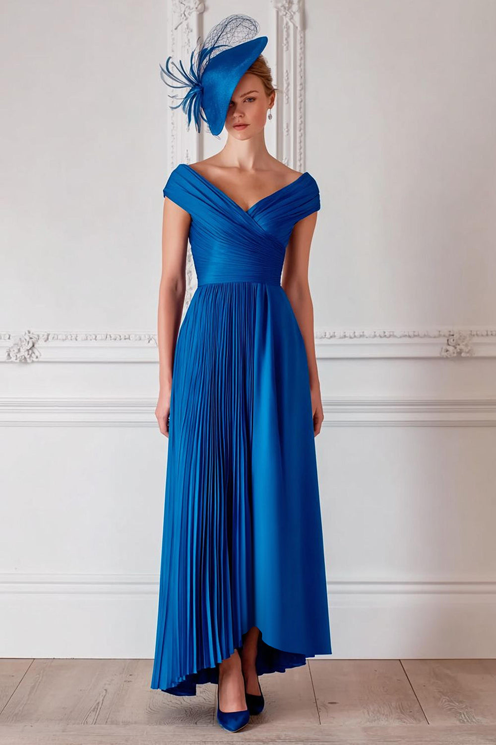 Royal Blue Off the Shoulder Long Pleated Mother of the Bride Dress