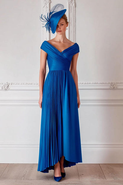 Royal Blue Off the Shoulder Long Pleated Mother of the Bride Dress