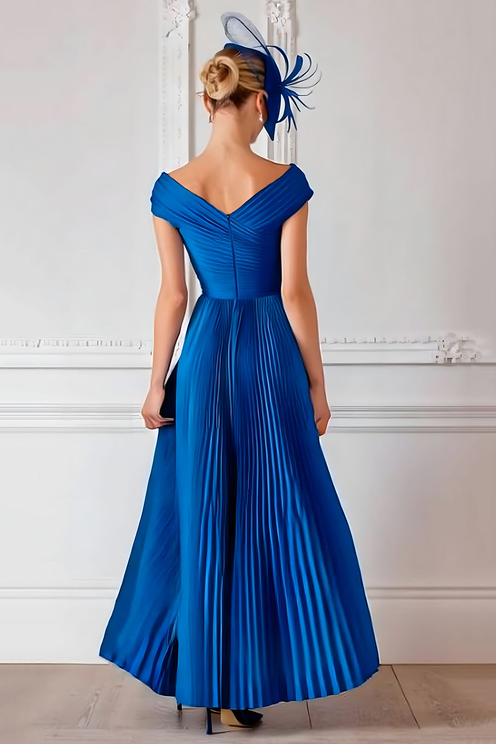 Royal Blue Off the Shoulder Long Pleated Mother of the Bride Dress