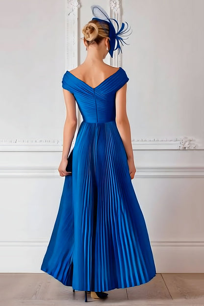 Royal Blue Off the Shoulder Long Pleated Mother of the Bride Dress
