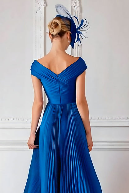 Royal Blue Off the Shoulder Long Pleated Mother of the Bride Dress