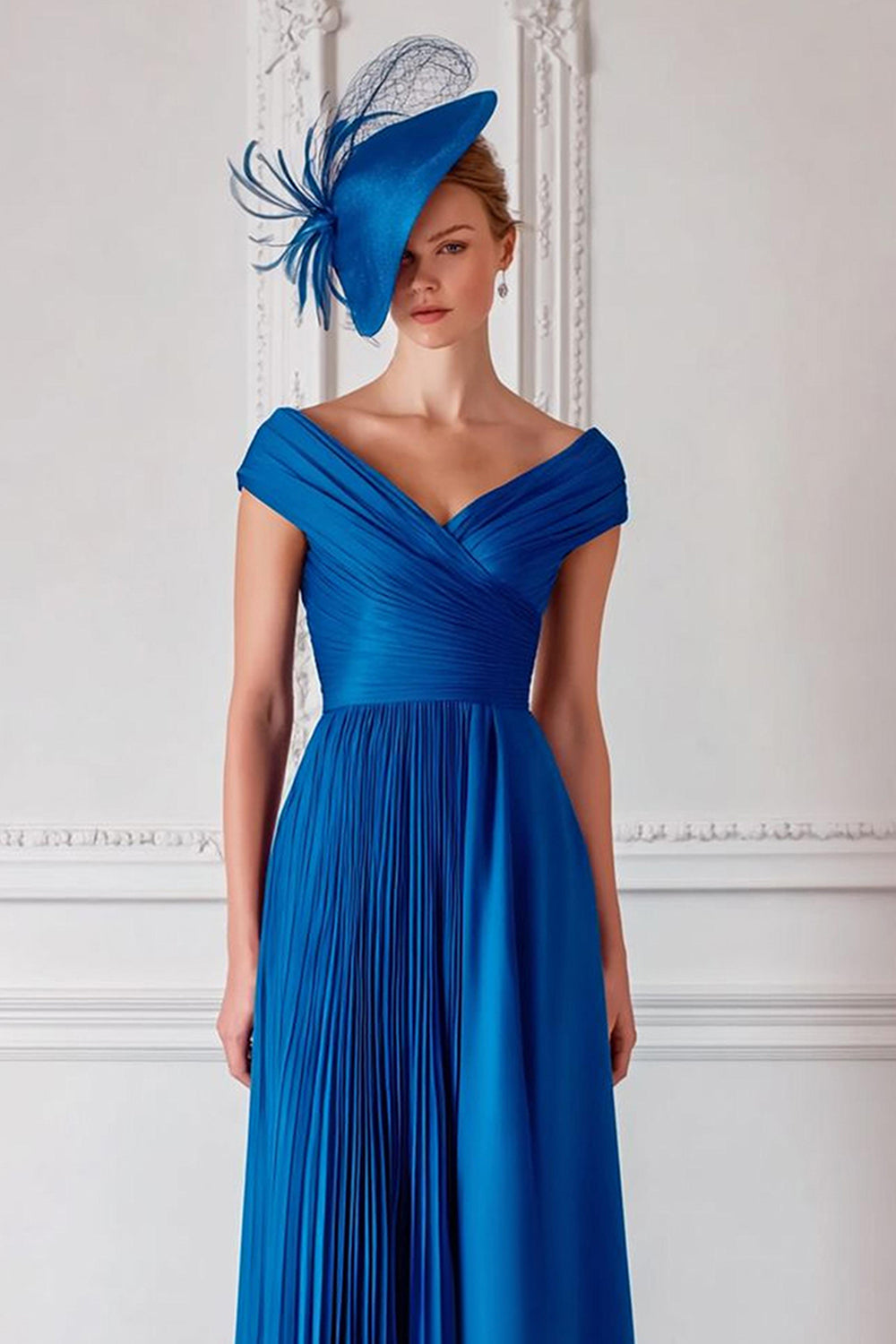 Royal Blue Off the Shoulder Long Pleated Mother of the Bride Dress