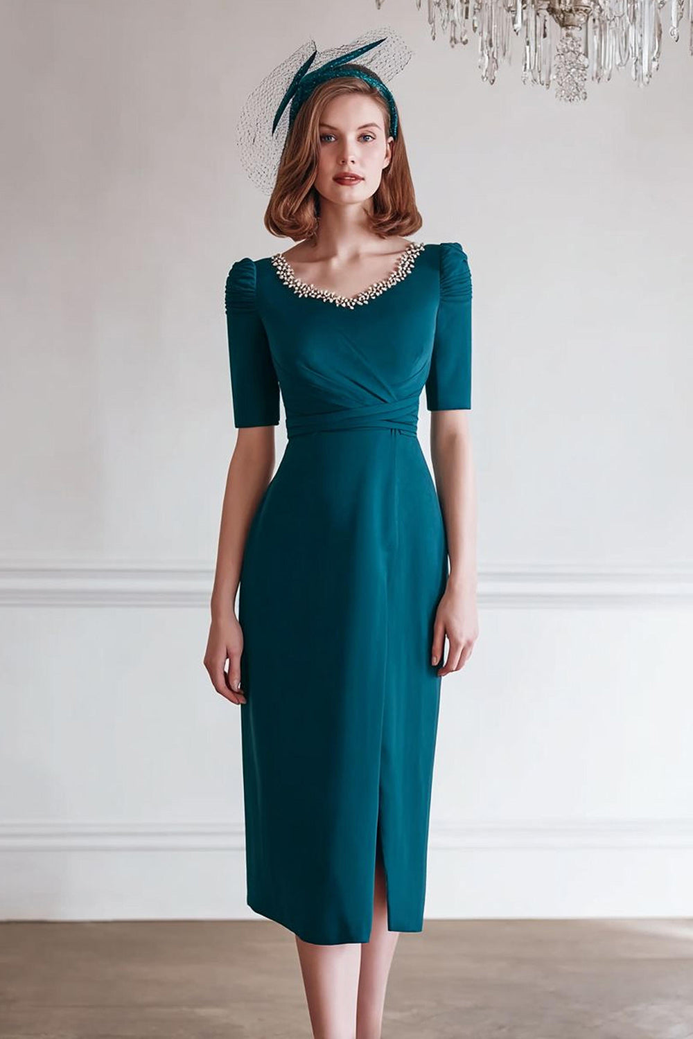 Sparkly Peacock Blue Round Neck Midi Mother of the Bride Dress with Slit