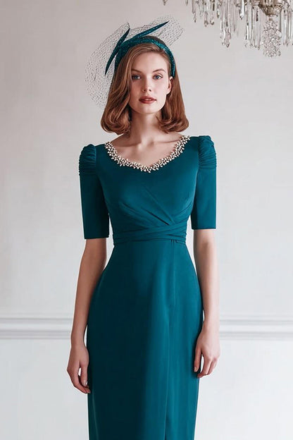 Sparkly Peacock Blue Round Neck Midi Mother of the Bride Dress with Slit