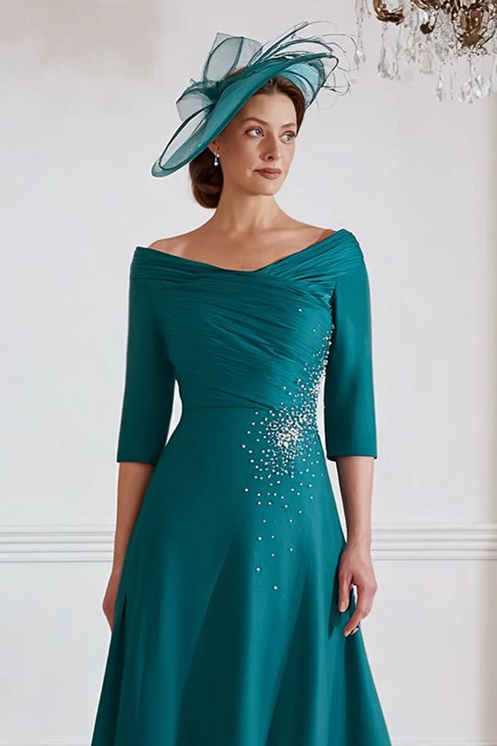 Sparkly Peacock Green A Line Midi Mother of the Bride Dress with Beading