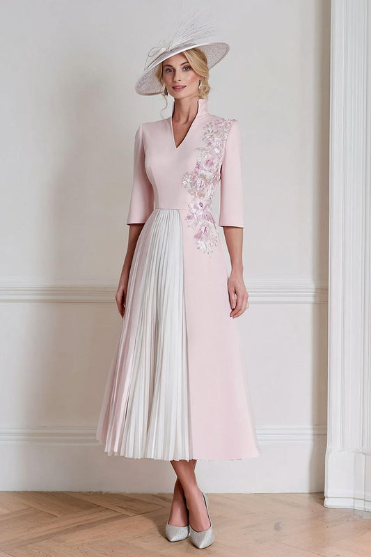 Candy Pink A Line Floral Midi Mother of the Bride Dress with Sleeves