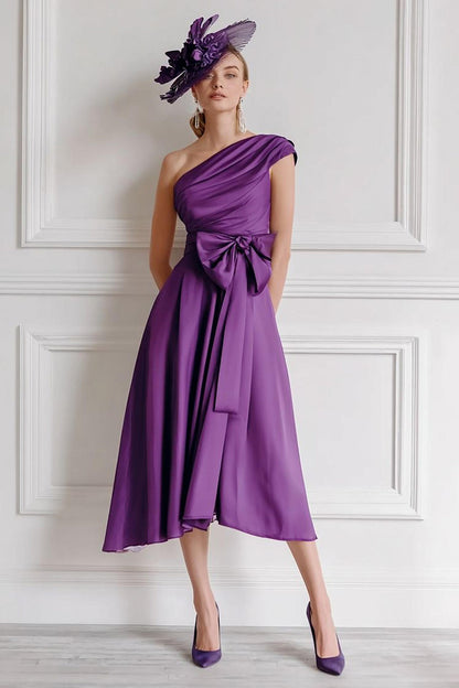 Grape A Line One Shoulder Midi Mother of the Bride Dress with Bow