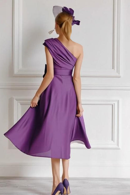 Grape A Line One Shoulder Midi Mother of the Bride Dress with Bow