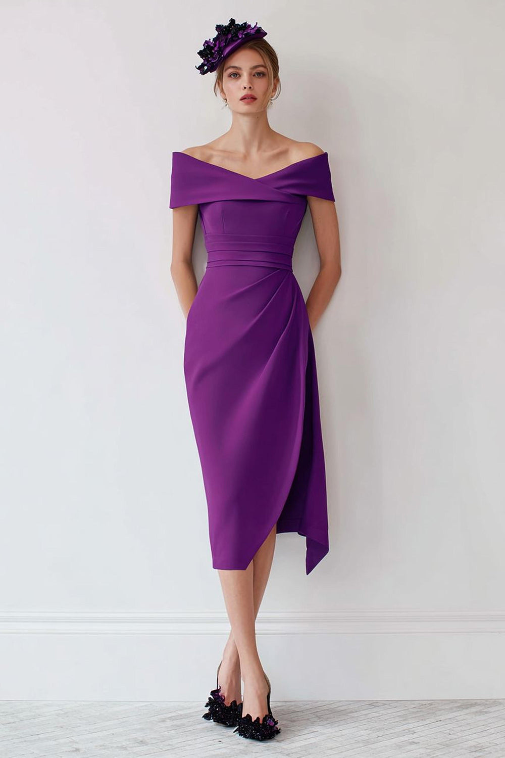 Grape Off the Shoulder Midi Mother of the Bride Dress with Slit