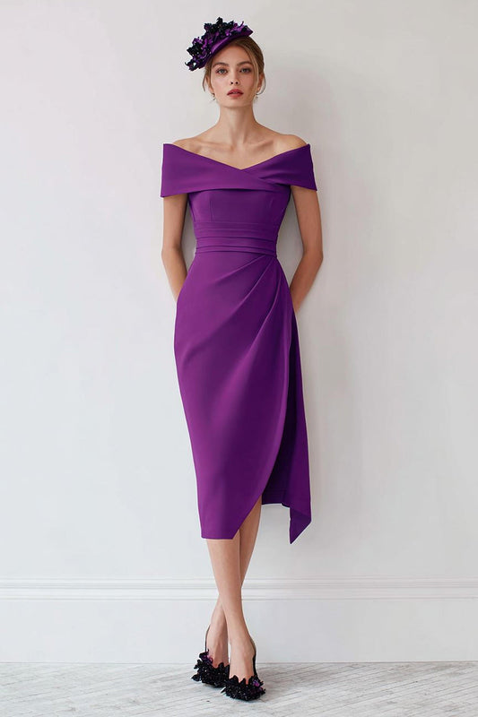 Grape Off the Shoulder Midi Mother of the Bride Dress with Slit