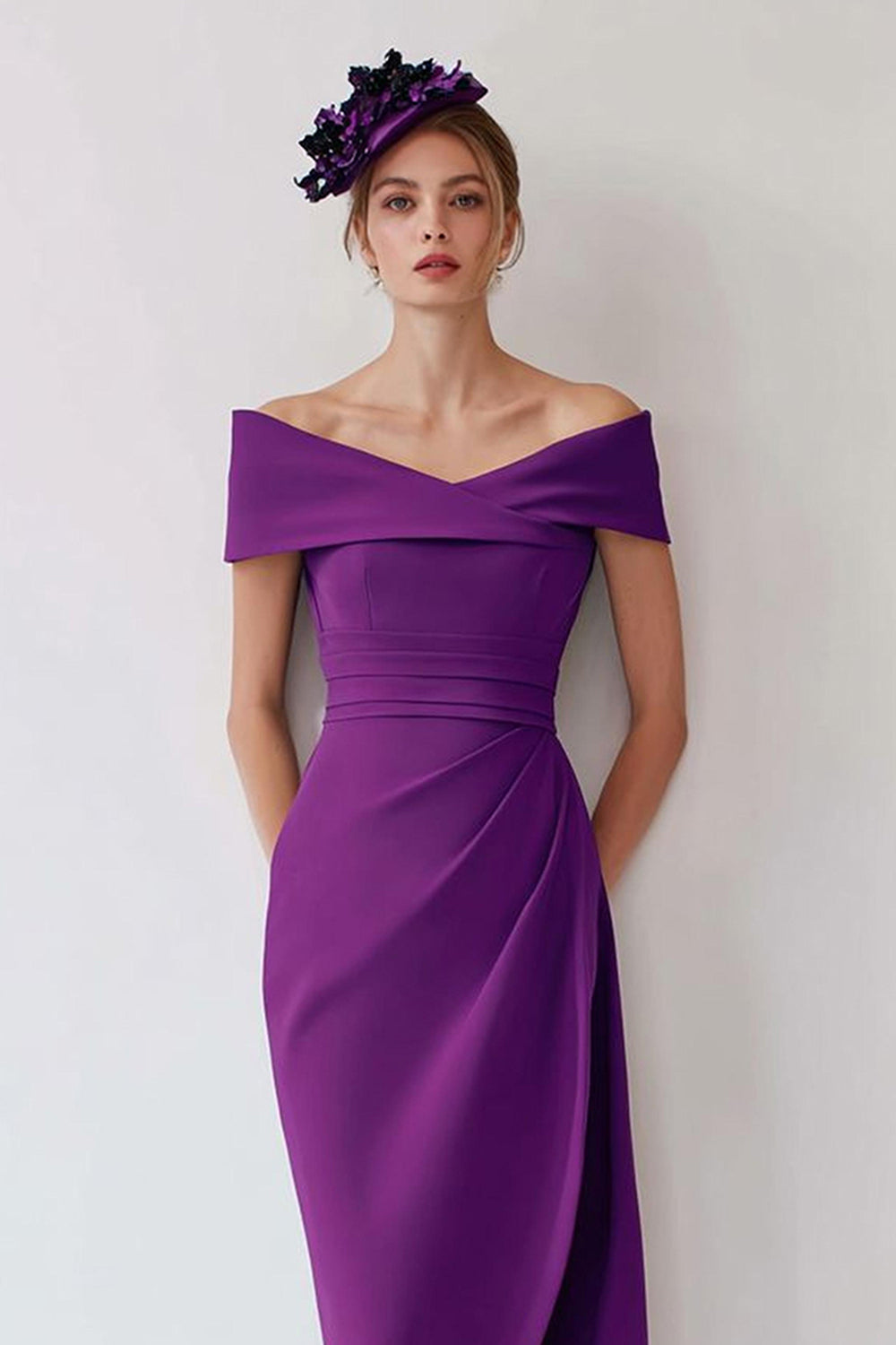Grape Off the Shoulder Midi Mother of the Bride Dress with Slit