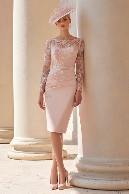 Blush Pink Illusion Boat Neck Bodycon Midi Mother of the Bride Dress with Lace