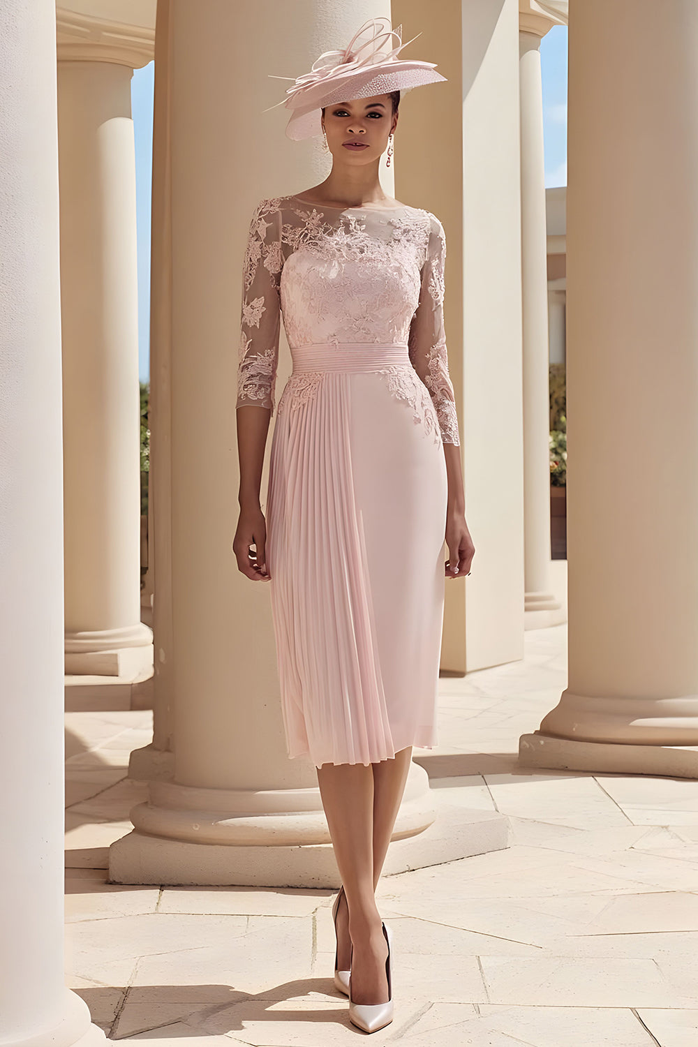 Blush Pink Illusion Boat Neck Pleated Midi Mother of the Bride Dress with Sleeves