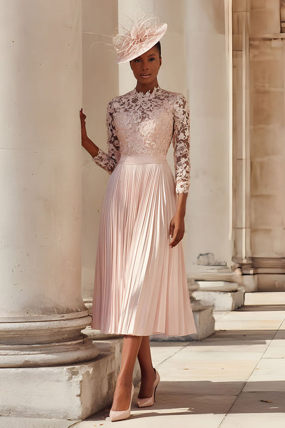 Blush Pink A Line Pleated Midi Mother of the Bride Dress with Lace