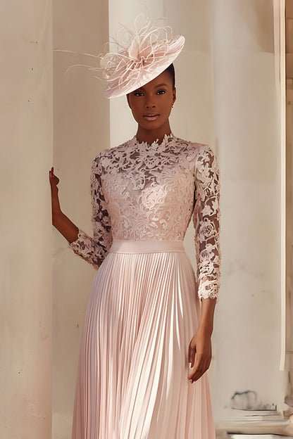 Blush Pink A Line Pleated Midi Mother of the Bride Dress with Lace