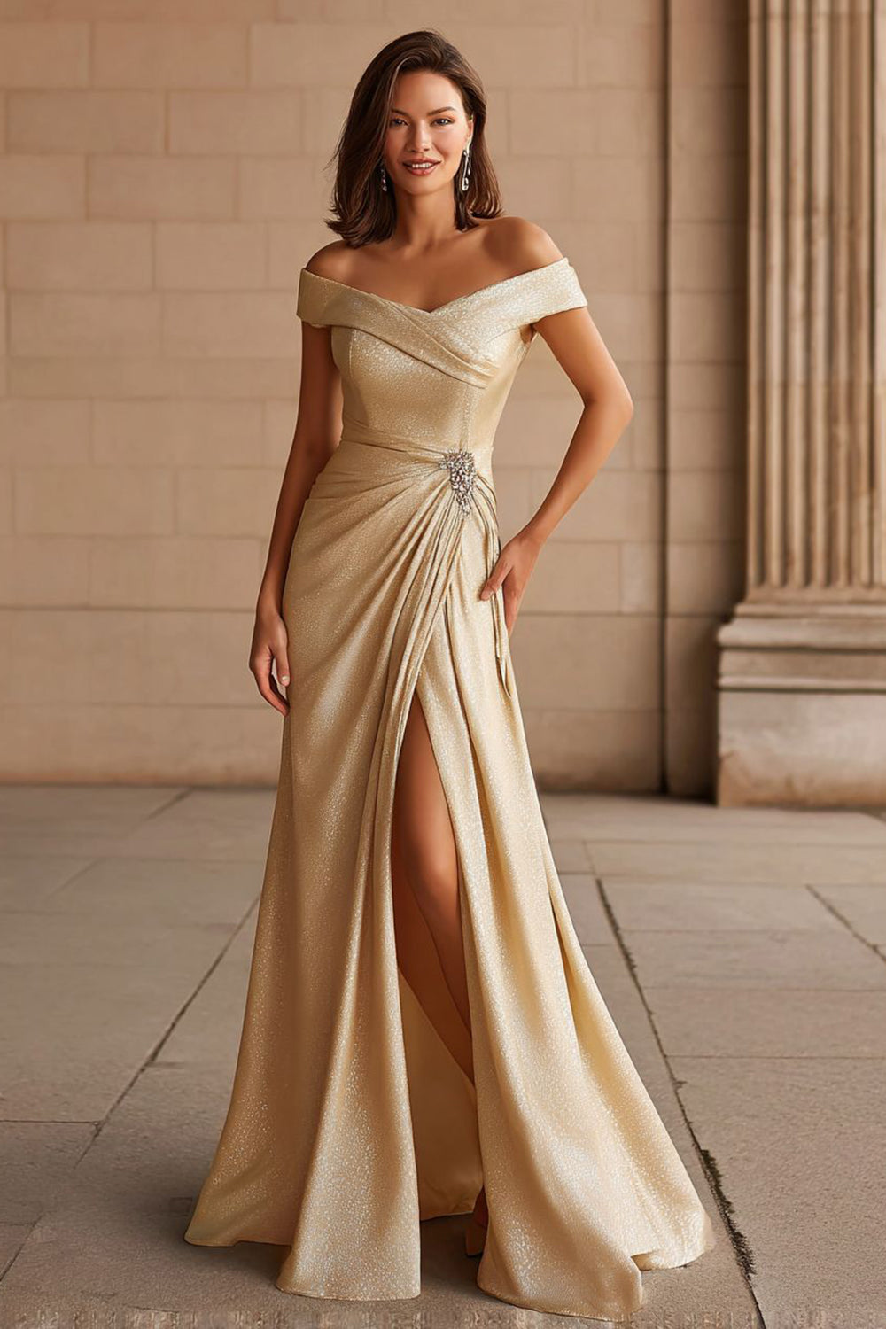 Champagne Off the Shoulder Long Mother of the Bride Dress with Slit