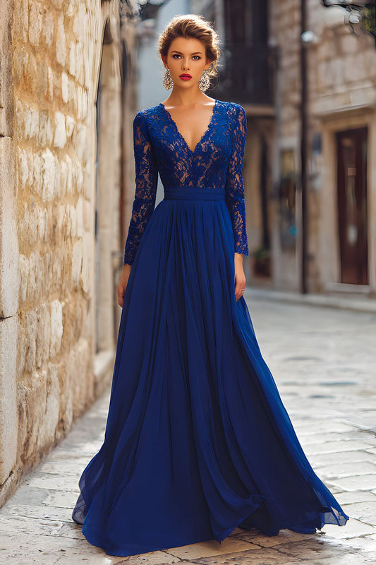 Dark Blue V-Neck Chiffon Long Mother of the Bride Dress with Lace
