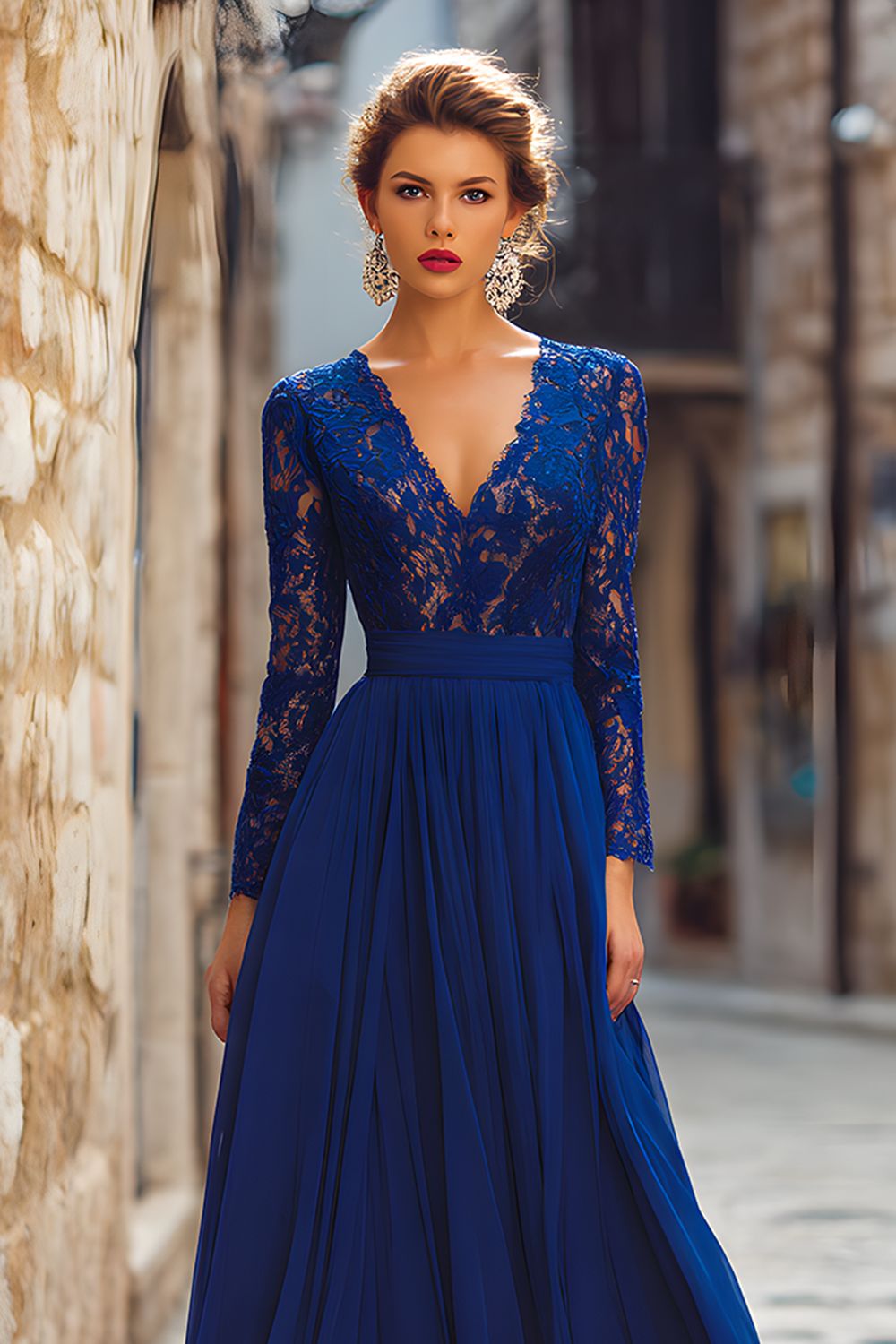 Dark Blue V-Neck Chiffon Long Mother of the Bride Dress with Lace