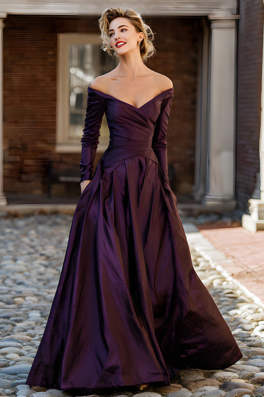 Plum Off the Shoulder A Line Long Mother of the Bride Dress with Sleeves