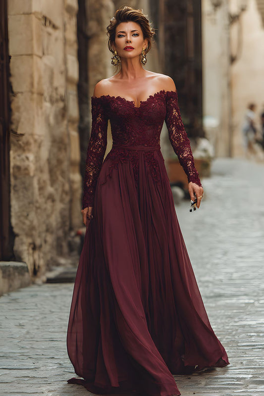 Cabernet A Line Chiffon Long Mother of the Bride Dress with Lace