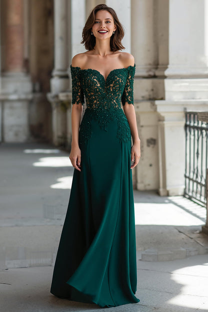 Dark Green Off the Shoulder Chiffon Sheath Long Mother of the Bride Dress with Lace