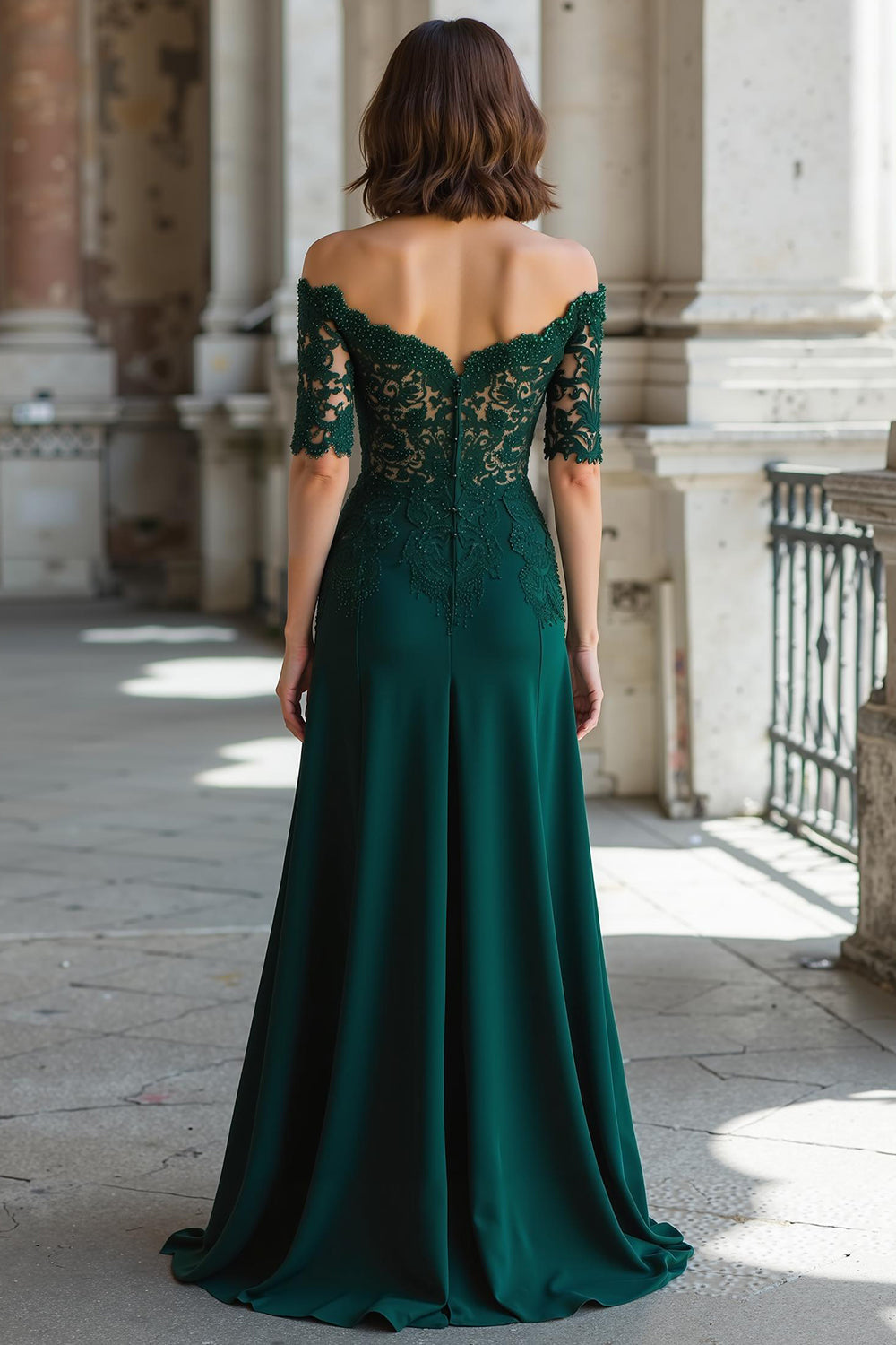 Dark Green Off the Shoulder Chiffon Sheath Long Mother of the Bride Dress with Lace