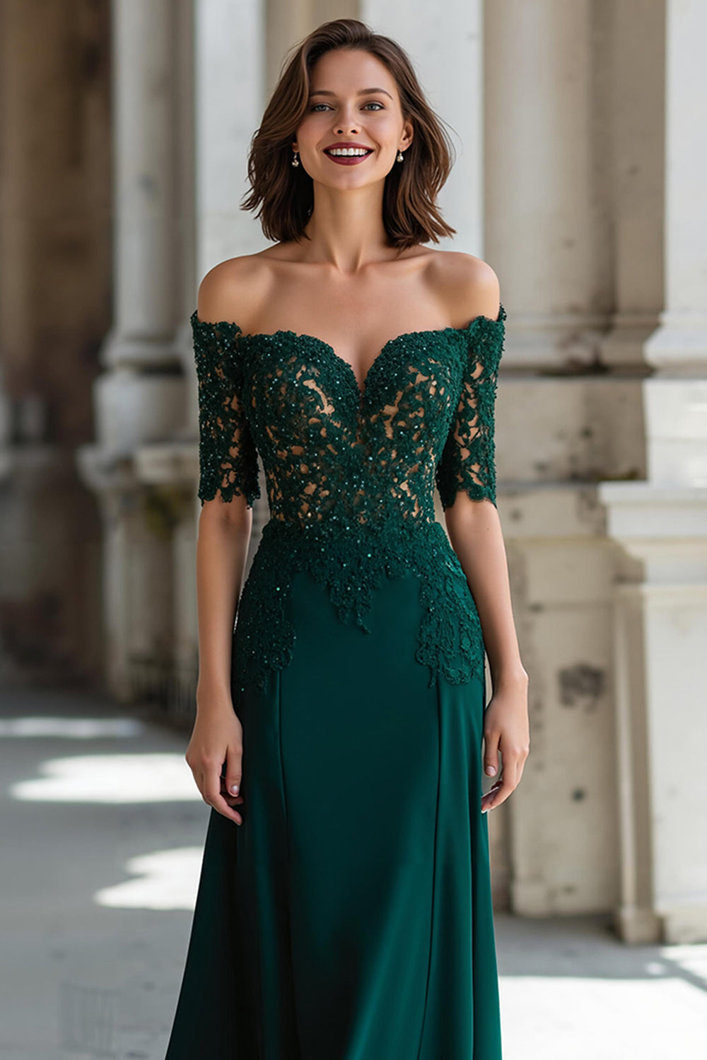Dark Green Off the Shoulder Chiffon Sheath Long Mother of the Bride Dress with Lace