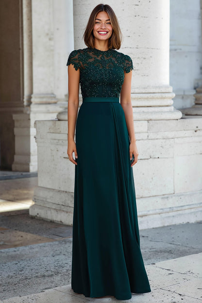 Peacock Green Round Neck Chiffon A-Line Long Mother of the Bride Dress with Beading