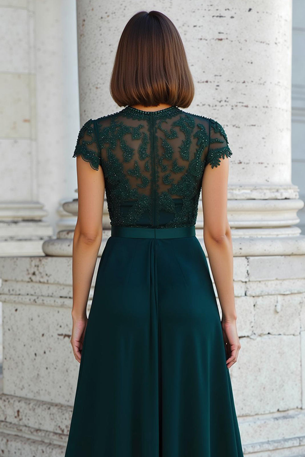 Peacock Green Round Neck Chiffon A-Line Long Mother of the Bride Dress with Beading