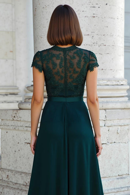 Peacock Green Round Neck Chiffon A-Line Long Mother of the Bride Dress with Beading