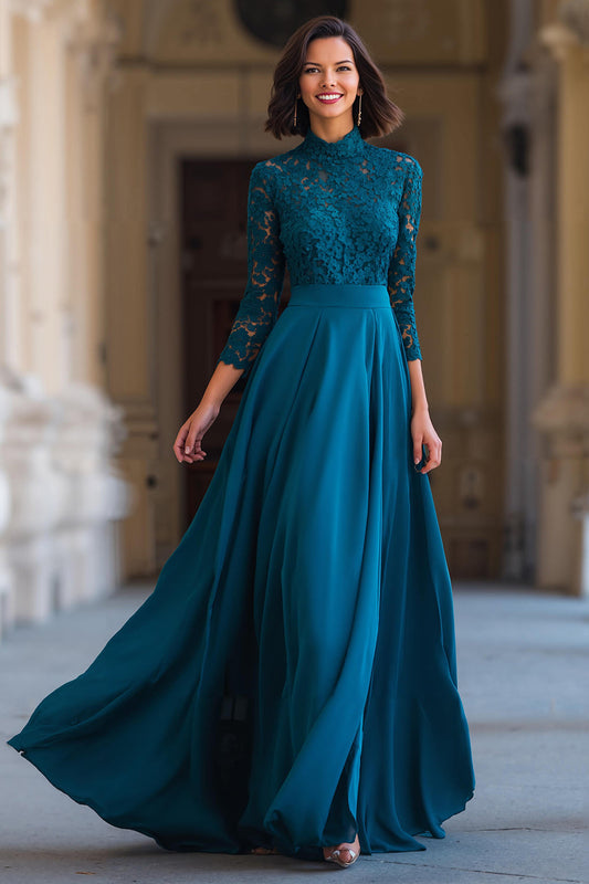 Peacock Blue High Neck Chiffon A-Line Long Mother of the Bride Dress with Lace