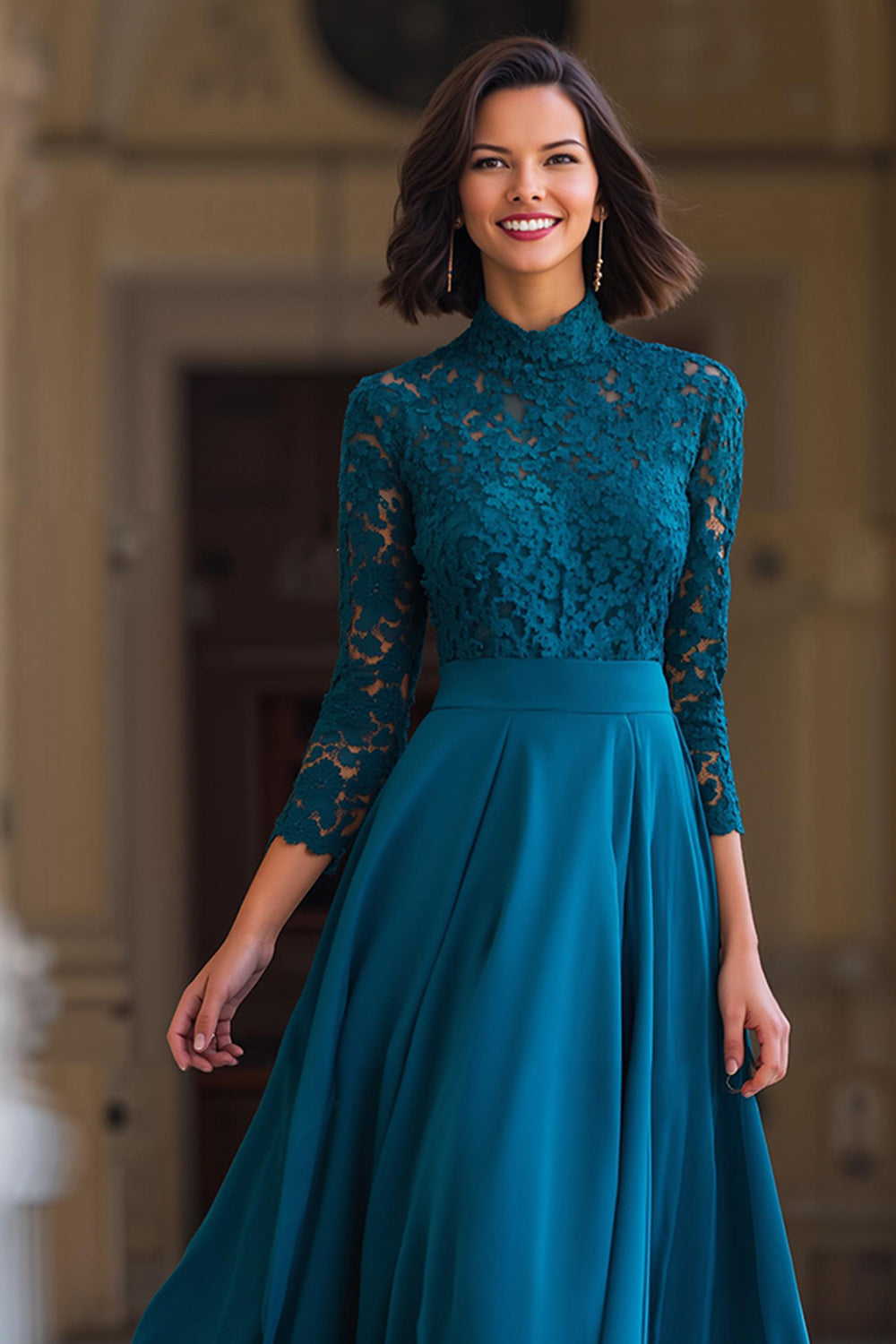 Peacock Blue High Neck Chiffon A-Line Long Mother of the Bride Dress with Lace