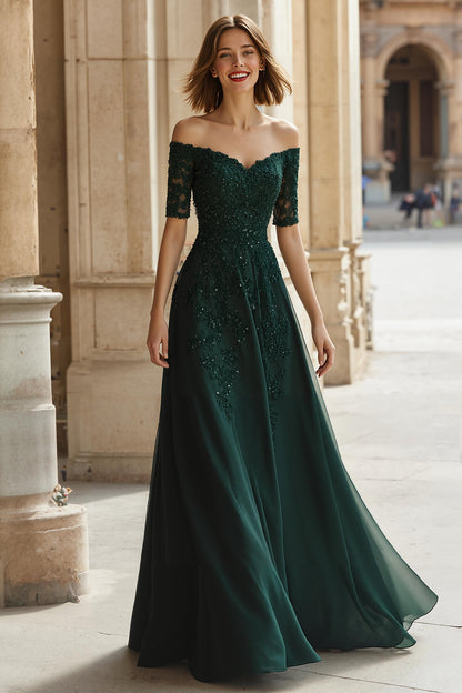 Pine Green Off the Shoulder Chiffon A-Line Long Mother of the Bride Dress with Beading