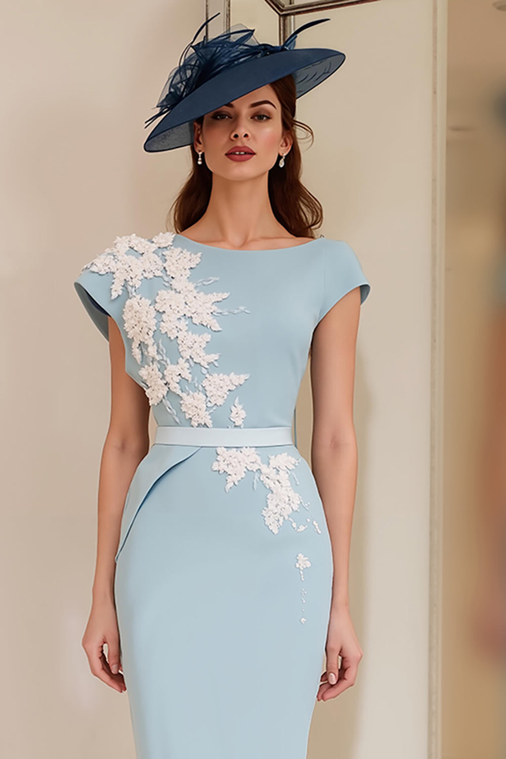 Light Blue Floral Boat Neck Bodycon Midi Mother of the Bride Dress with Slit