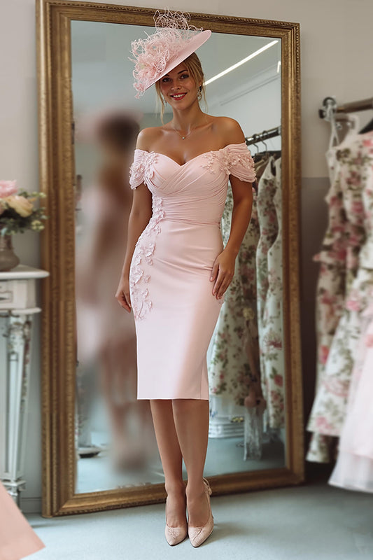 Blush Pink Floral Bodycon Off the Shoulder Midi Mother of the Bride Dress